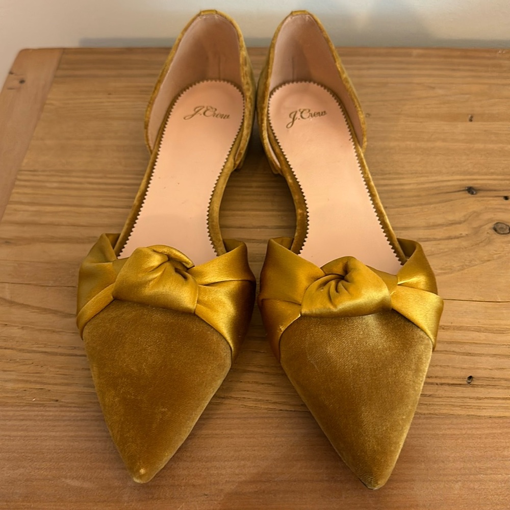 J. Crew Gold Velvet Bow Flats
